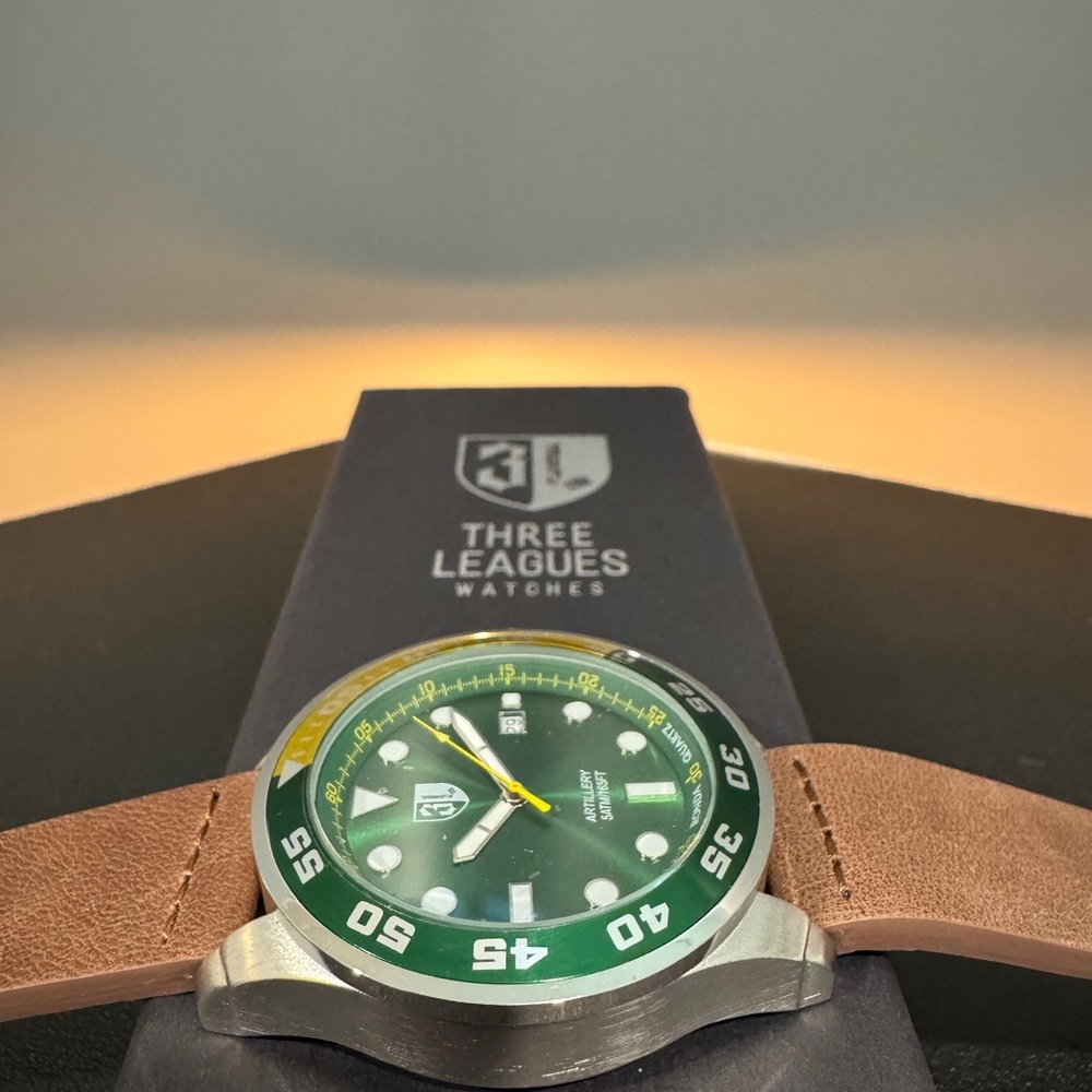 Three Leagues Artillery Green and Yellow Watch with Leather Strap - Picture 3 of 5
